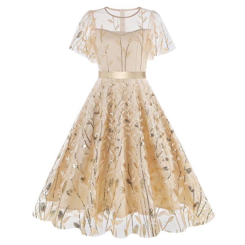Women Embroidery Double Layer Mesh Splice Vintage Party Swing Dress Beige
