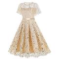 Women Embroidery Double Layer Mesh Splice Vintage Party Swing Dress Beige