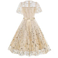 Women Embroidery Double Layer Mesh Splice Vintage Party Swing Dress Beige