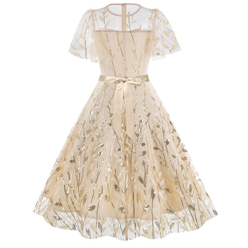 Women Embroidery Double Layer Mesh Splice Vintage Party Swing Dress Beige