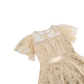 Women Embroidery Double Layer Mesh Splice Vintage Party Swing Dress Beige