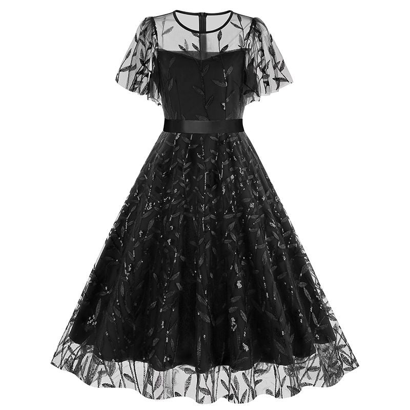 Women Embroidery Double Layer Mesh Splice Vintage Party Swing Dress Black
