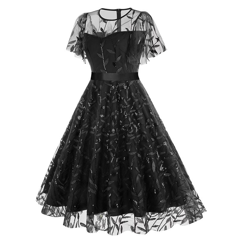 Women Embroidery Double Layer Mesh Splice Vintage Party Swing Dress Black