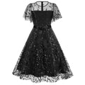 Women Embroidery Double Layer Mesh Splice Vintage Party Swing Dress Black