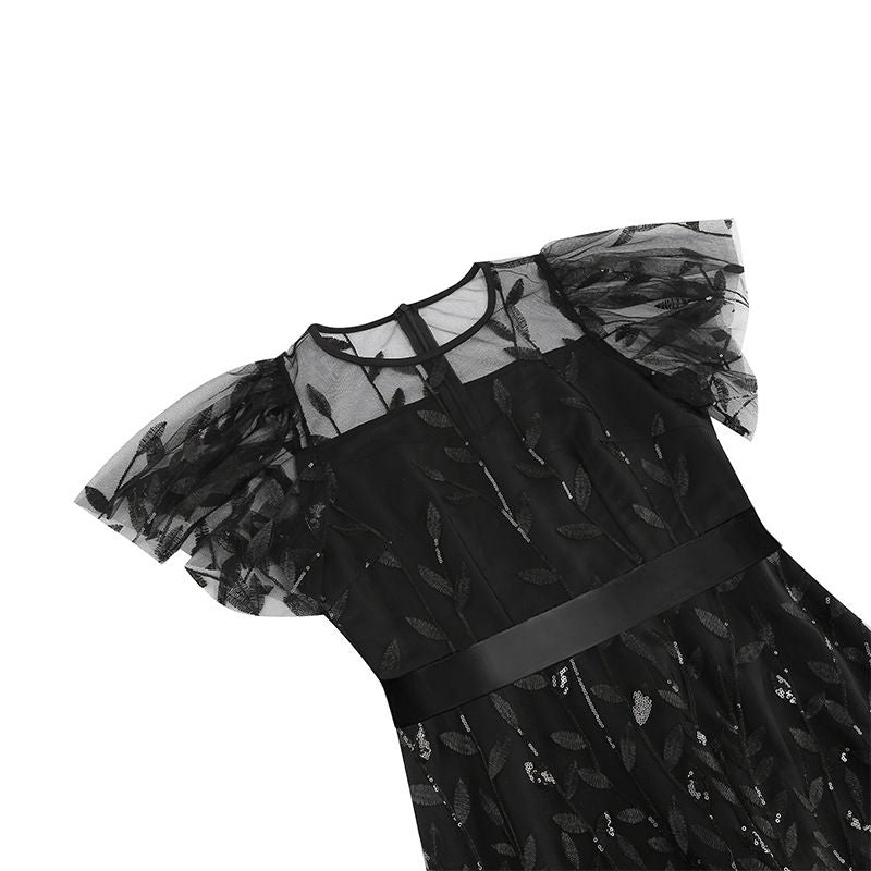 Women Embroidery Double Layer Mesh Splice Vintage Party Swing Dress Black