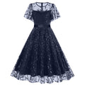 Women Embroidery Double Layer Mesh Splice Vintage Party Swing Dress Navy