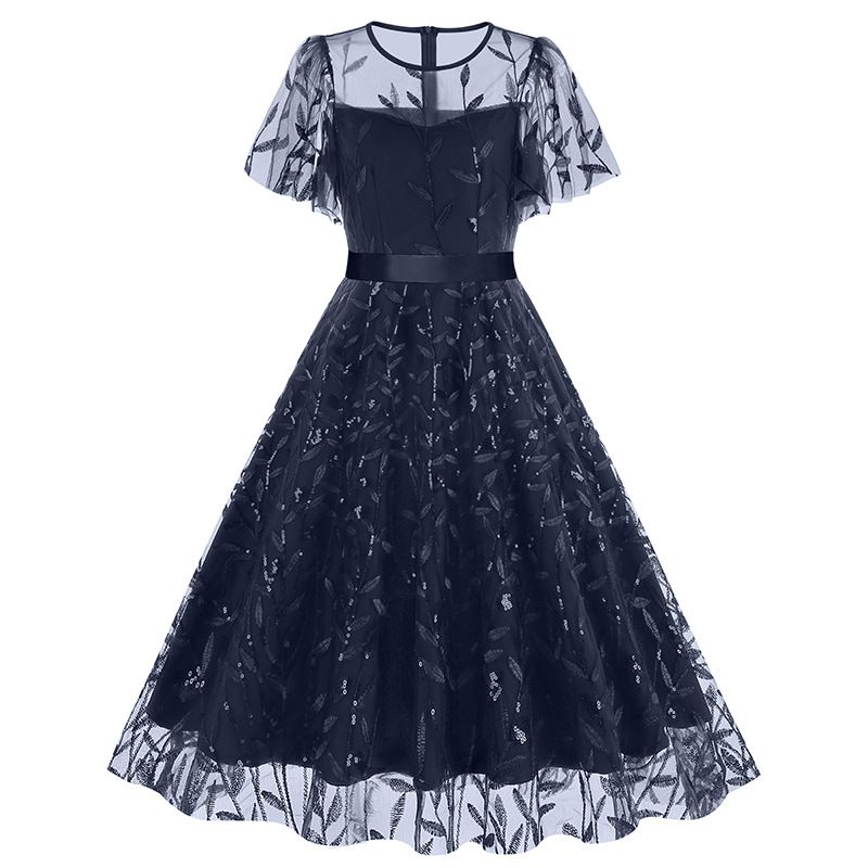 Women Embroidery Double Layer Mesh Splice Vintage Party Swing Dress Navy