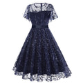 Women Embroidery Double Layer Mesh Splice Vintage Party Swing Dress Navy