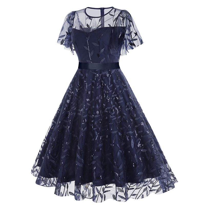 Women Embroidery Double Layer Mesh Splice Vintage Party Swing Dress Navy