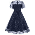 Women Embroidery Double Layer Mesh Splice Vintage Party Swing Dress Navy