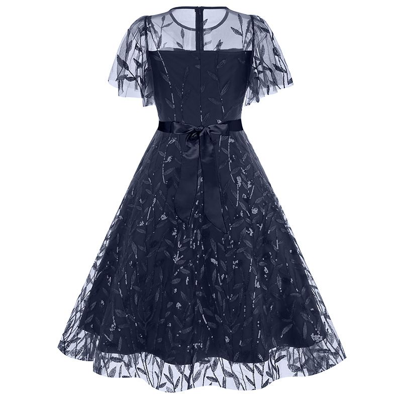 Women Embroidery Double Layer Mesh Splice Vintage Party Swing Dress Navy