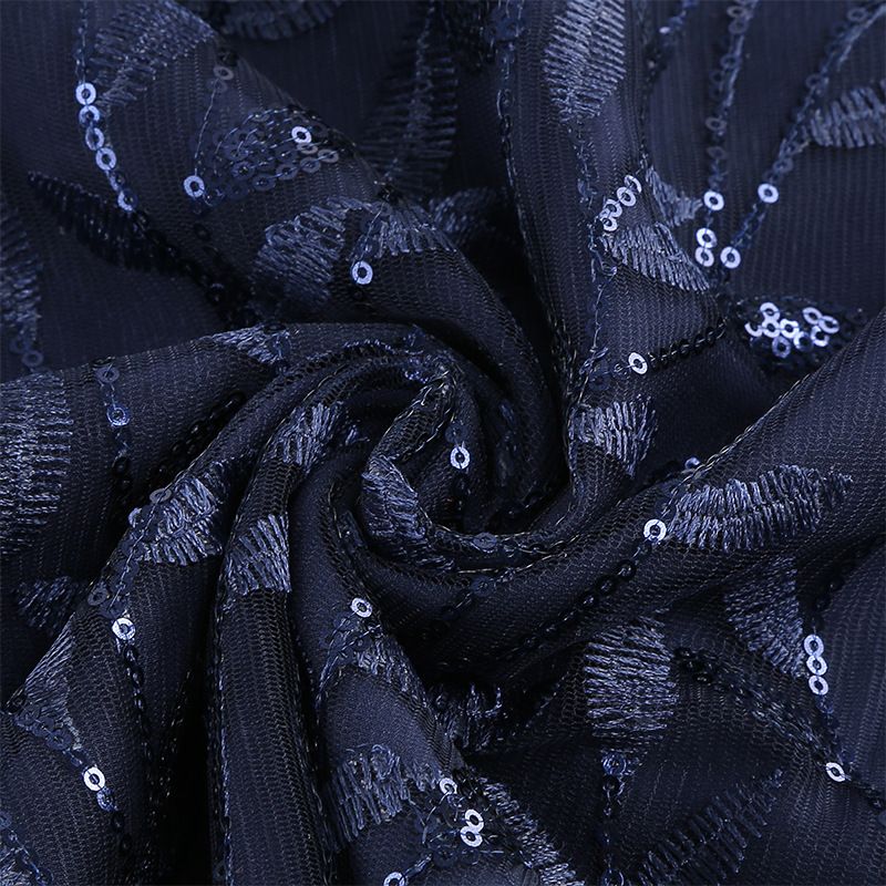 Women Embroidery Double Layer Mesh Splice Vintage Party Swing Dress Navy