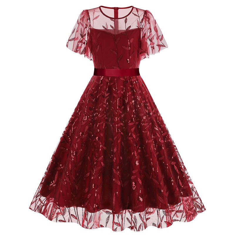 Women Embroidery Double Layer Mesh Splice Vintage Party Swing Dress Red