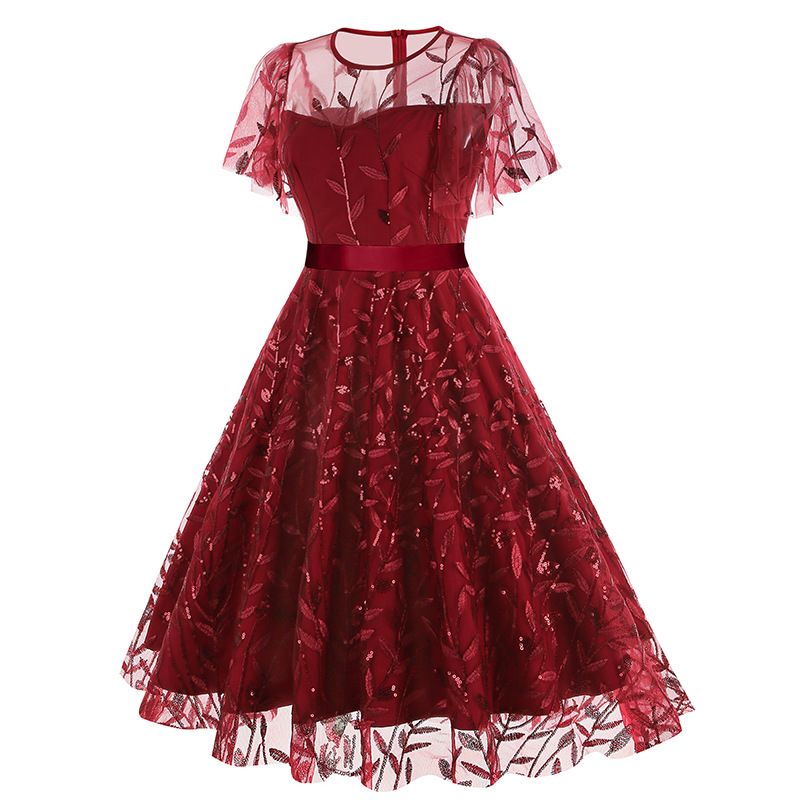 Women Embroidery Double Layer Mesh Splice Vintage Party Swing Dress Red