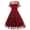 Women Embroidery Double Layer Mesh Splice Vintage Party Swing Dress Red
