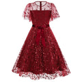 Women Embroidery Double Layer Mesh Splice Vintage Party Swing Dress Red