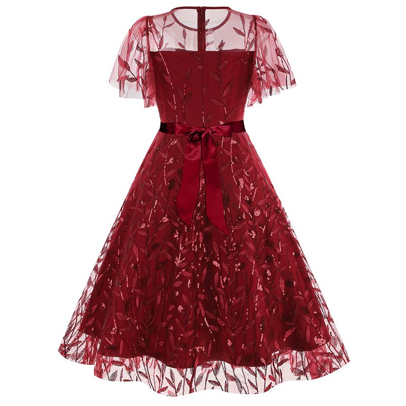 Women Embroidery Double Layer Mesh Splice Vintage Party Swing Dress Red