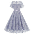 Women Embroidery Double Layer Mesh Splice Vintage Party Swing Dress Sky