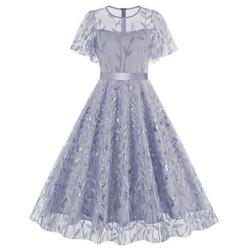 Women Embroidery Double Layer Mesh Splice Vintage Party Swing Dress Sky