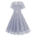 Women Embroidery Double Layer Mesh Splice Vintage Party Swing Dress Sky
