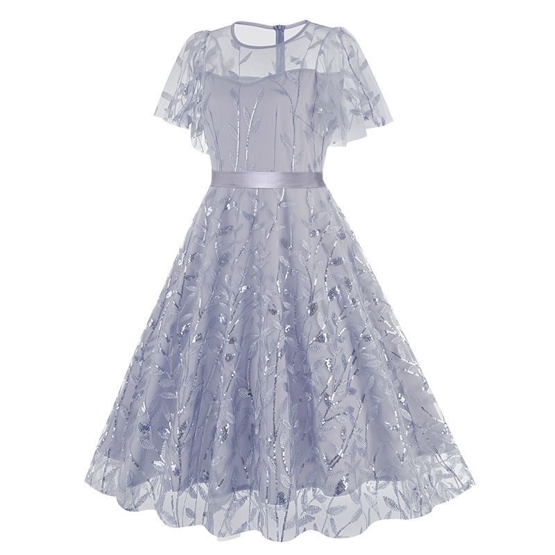 Women Embroidery Double Layer Mesh Splice Vintage Party Swing Dress Sky
