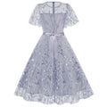 Women Embroidery Double Layer Mesh Splice Vintage Party Swing Dress Sky