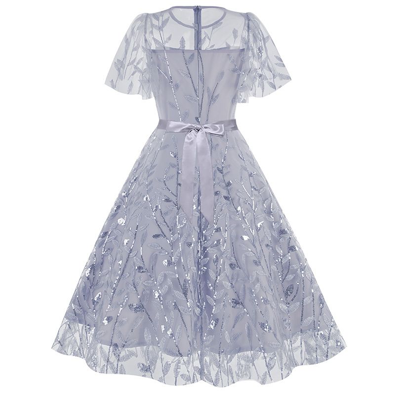 Women Embroidery Double Layer Mesh Splice Vintage Party Swing Dress Sky