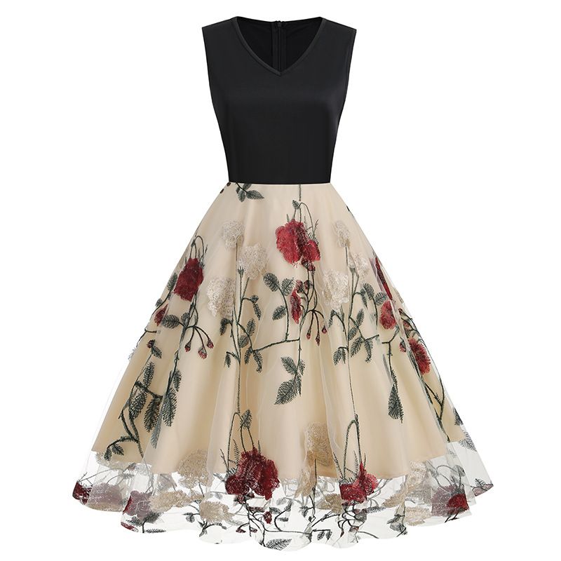 Women Floral Embroidery Vintage  Dresses Elegant V-Neck Midi Dress Beige