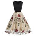 Women Floral Embroidery Vintage  Dresses Elegant V-Neck Midi Dress Beige