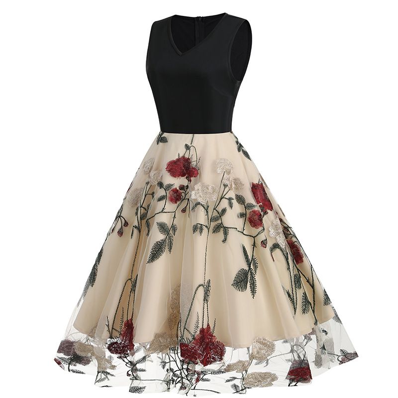 Women Floral Embroidery Vintage  Dresses Elegant V-Neck Midi Dress Beige