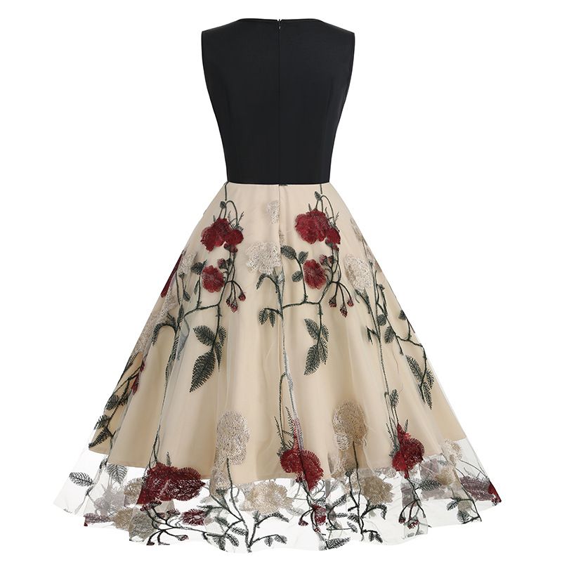 Women Floral Embroidery Vintage  Dresses Elegant V-Neck Midi Dress Beige