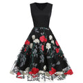 Women Floral Embroidery Vintage  Dresses Elegant V-Neck Midi Dress Black