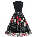 Women Floral Embroidery Vintage  Dresses Elegant V-Neck Midi Dress Black
