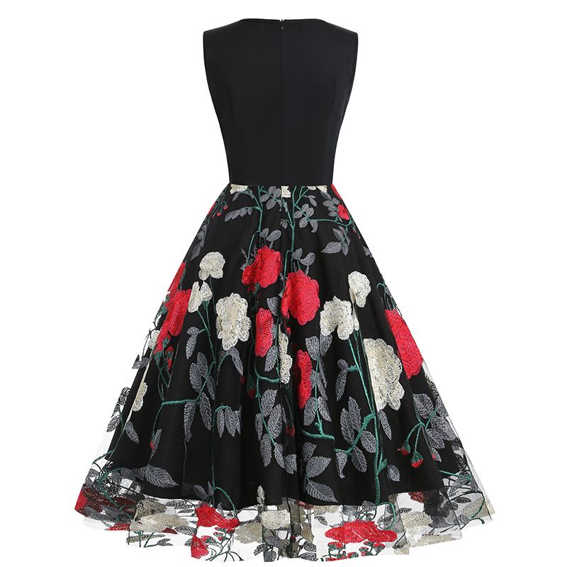 Women Floral Embroidery Vintage  Dresses Elegant V-Neck Midi Dress Black