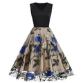 Women Floral Embroidery Vintage  Dresses Elegant V-Neck Midi Dress Blue