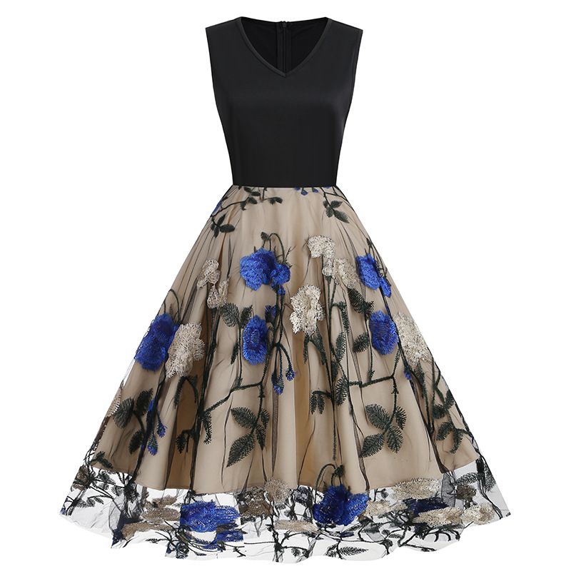 Women Floral Embroidery Vintage  Dresses Elegant V-Neck Midi Dress Blue
