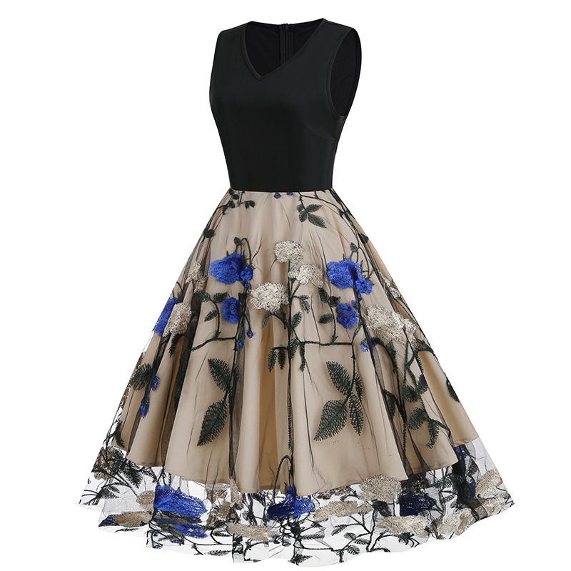 Women Floral Embroidery Vintage  Dresses Elegant V-Neck Midi Dress Blue