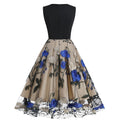Women Floral Embroidery Vintage  Dresses Elegant V-Neck Midi Dress Blue