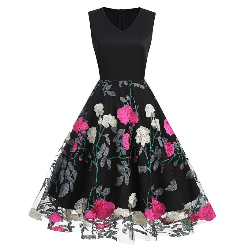 Women Floral Embroidery Vintage  Dresses Elegant V-Neck Midi Dress Rose