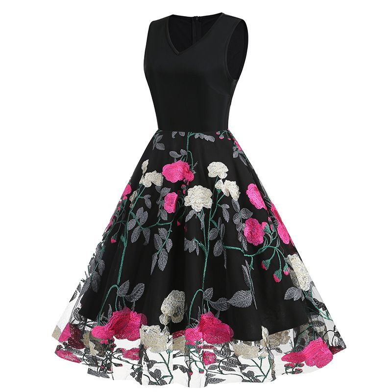 Women Floral Embroidery Vintage  Dresses Elegant V-Neck Midi Dress Rose
