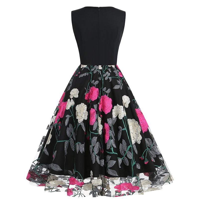 Women Floral Embroidery Vintage  Dresses Elegant V-Neck Midi Dress Rose
