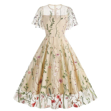 Women Flutter Sleeves Sheer Floral Embroidery Mesh Cocktail Formal Vintage Dress Beige