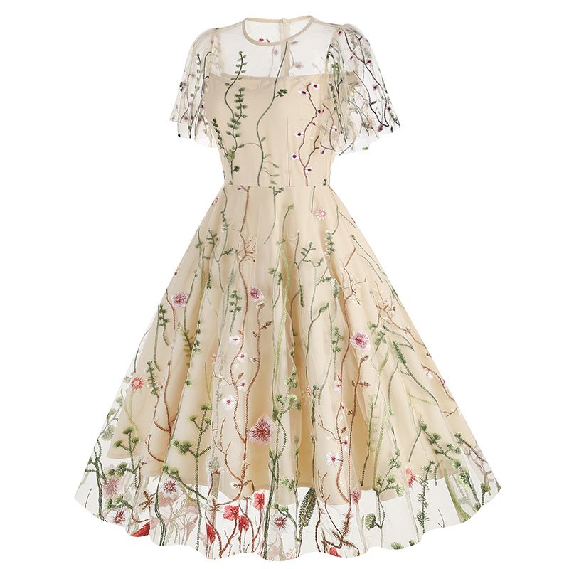 Women Flutter Sleeves Sheer Floral Embroidery Mesh Cocktail Formal Vintage Dress Beige