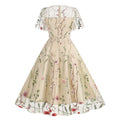 Women Flutter Sleeves Sheer Floral Embroidery Mesh Cocktail Formal Vintage Dress Beige