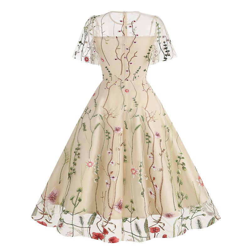 Women Flutter Sleeves Sheer Floral Embroidery Mesh Cocktail Formal Vintage Dress Beige
