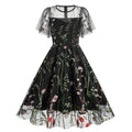 Women Flutter Sleeves Sheer Floral Embroidery Mesh Cocktail Formal Vintage Dress Black
