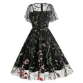 Women Flutter Sleeves Sheer Floral Embroidery Mesh Cocktail Formal Vintage Dress Black