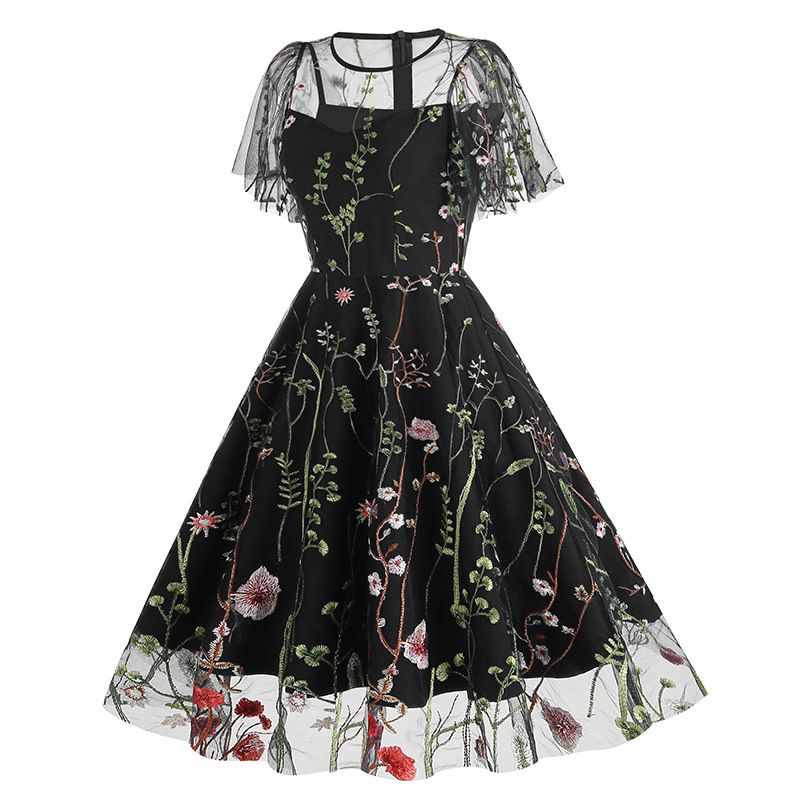 Women Flutter Sleeves Sheer Floral Embroidery Mesh Cocktail Formal Vintage Dress Black