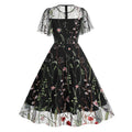 Women Flutter Sleeves Sheer Floral Embroidery Mesh Cocktail Formal Vintage Dress Black