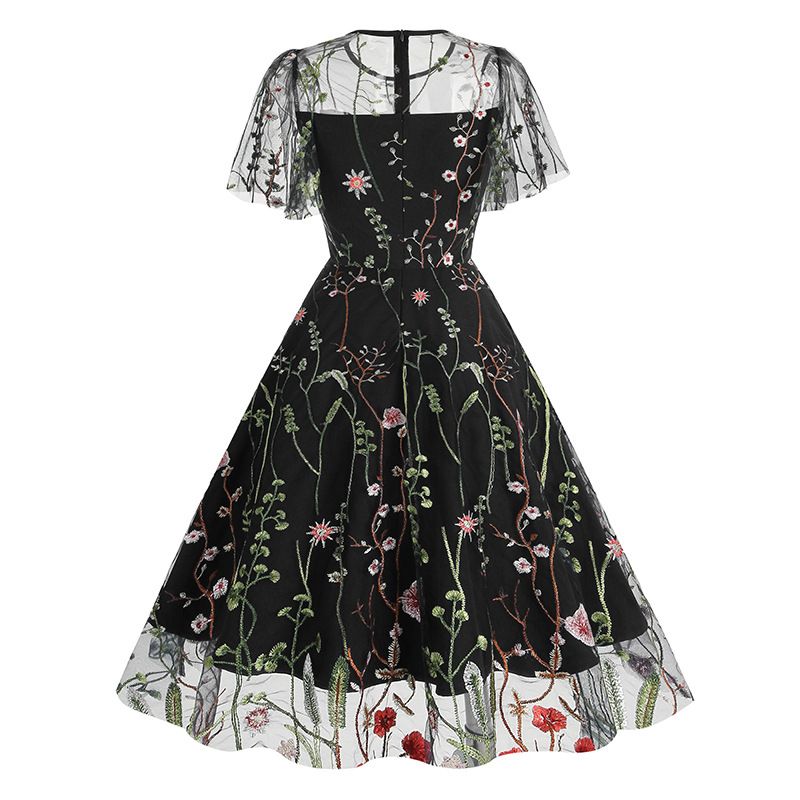 Women Flutter Sleeves Sheer Floral Embroidery Mesh Cocktail Formal Vintage Dress Black